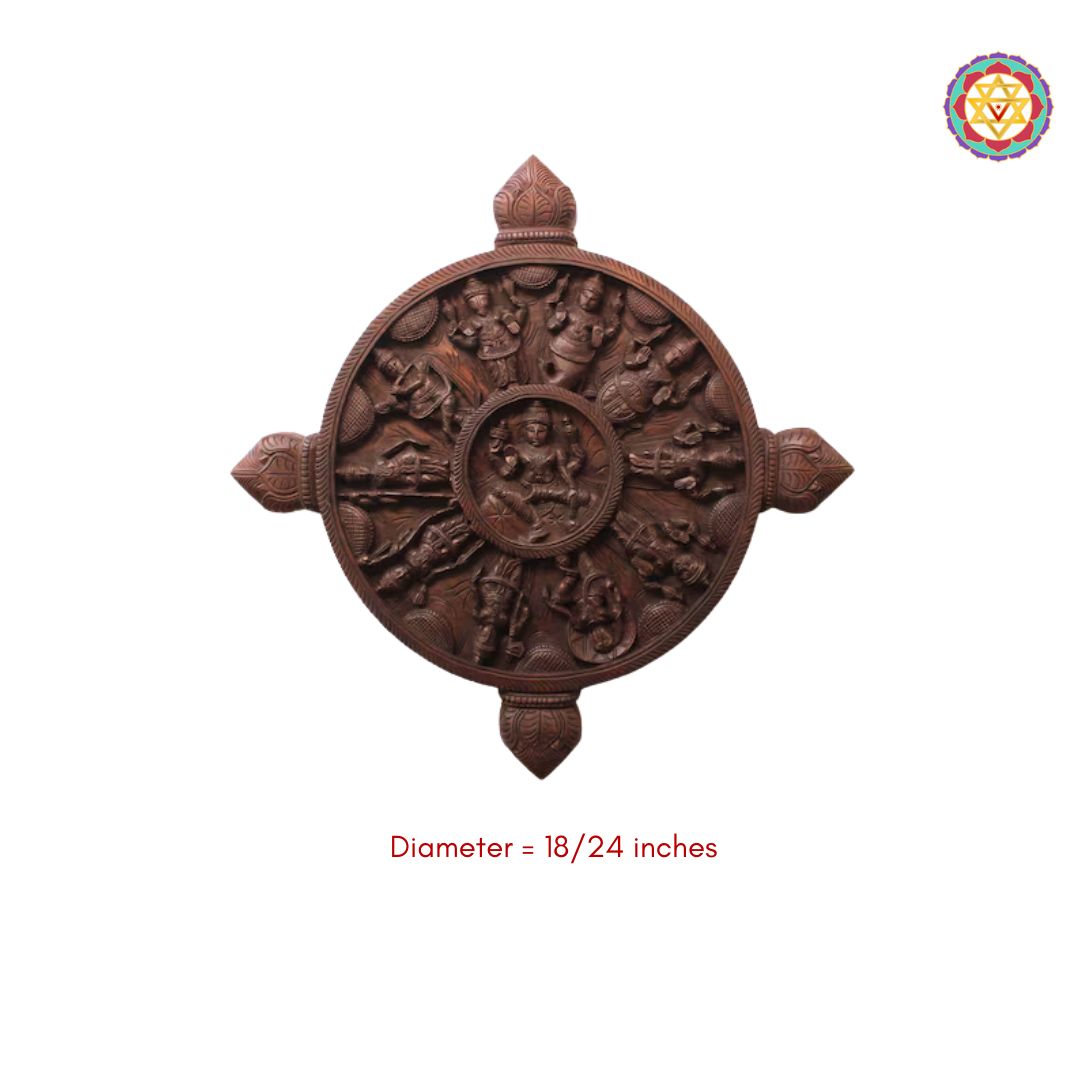 Decorative wooden panel with carvings on a white background. Dimension image of 24-inch round Dasavatara wooden wall panel.