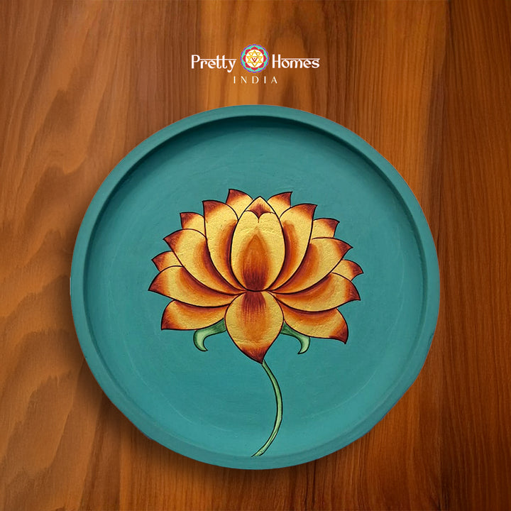 Hand-painted wall plate with golden lotus, lotus pichwai design.
