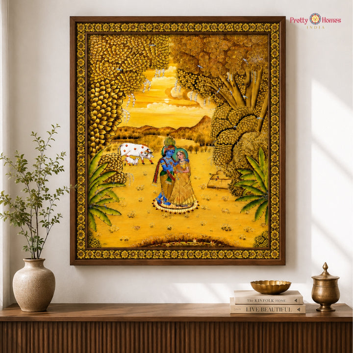 Hand-Painted Golden Pichwai – Radha & Krishna in the Forest