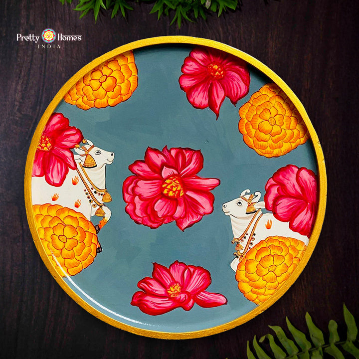 Hand painted Pichwai cow wall plate with floral detailing traditional Indian art for temple decor
