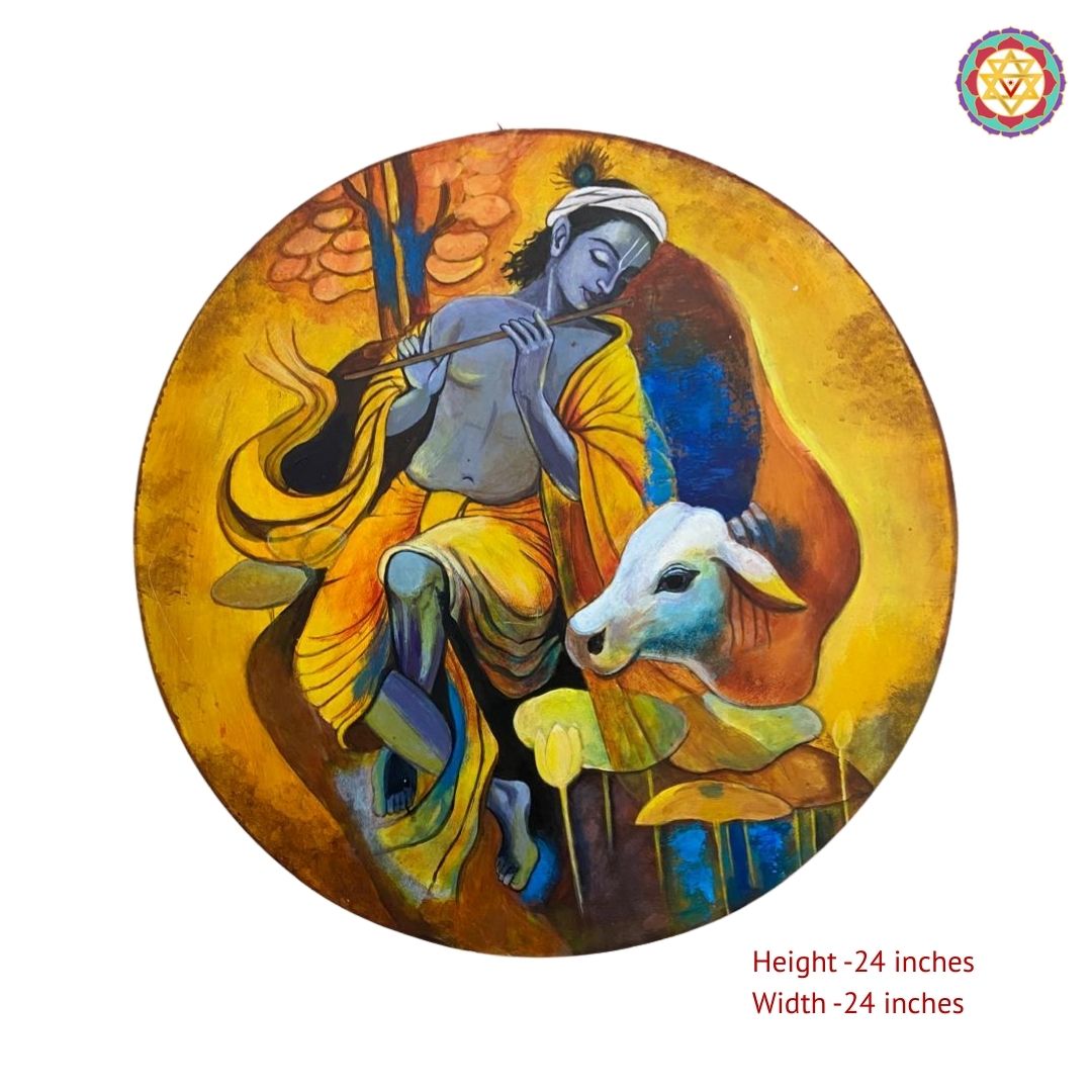 Close view of Krishna and cow modern style wall plate with artistic tones