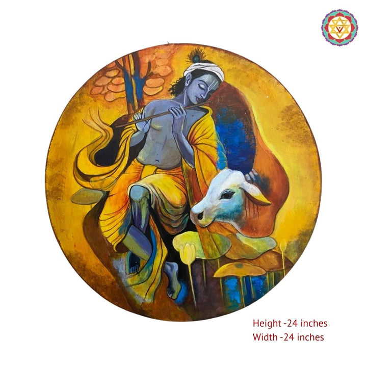 24”Round handpainted wall plate Modern style -flute Krishna with cow