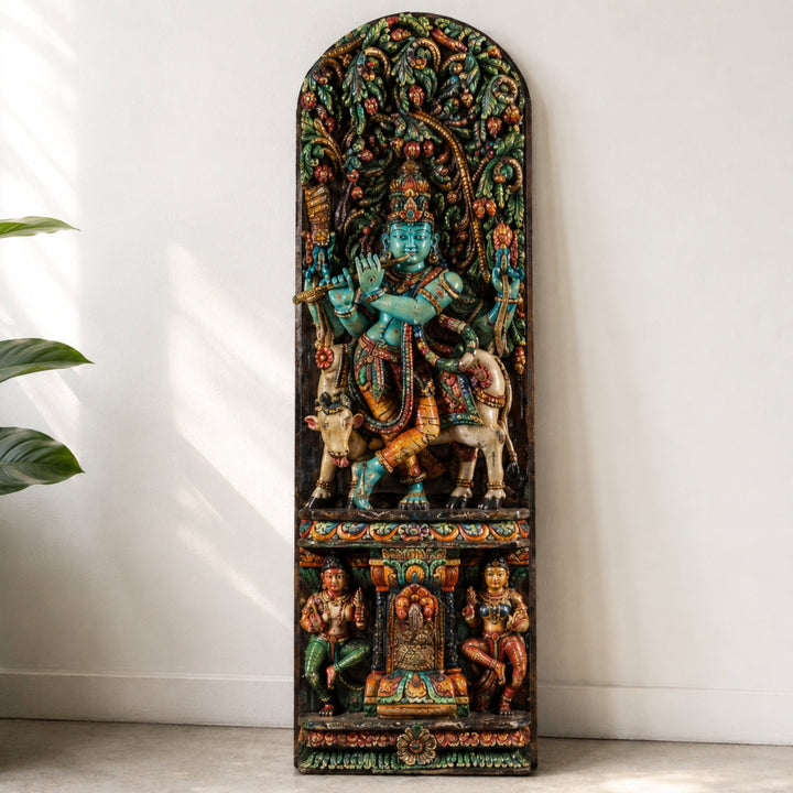 Gopal Krishna Canopy Panel – Handcarved Wooden Sculpture Multicolor