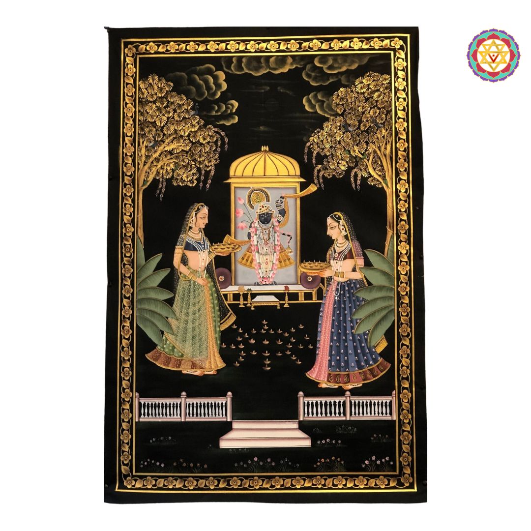 hand-painted festive pichwai scene with lamps and shreenathji