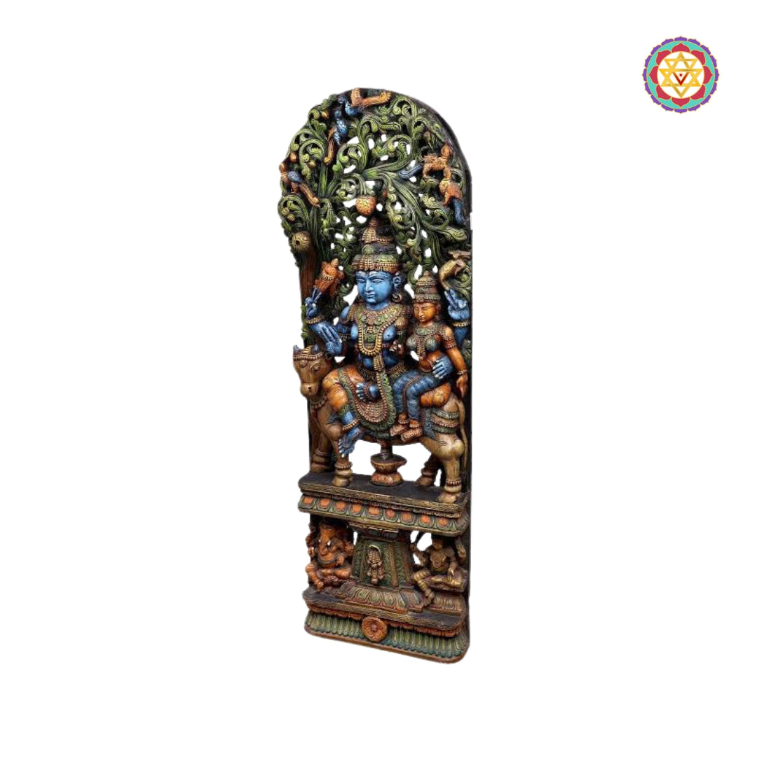 60” Wood-Carved Canopy Panel – Shiva Parvati Seated on Nandi