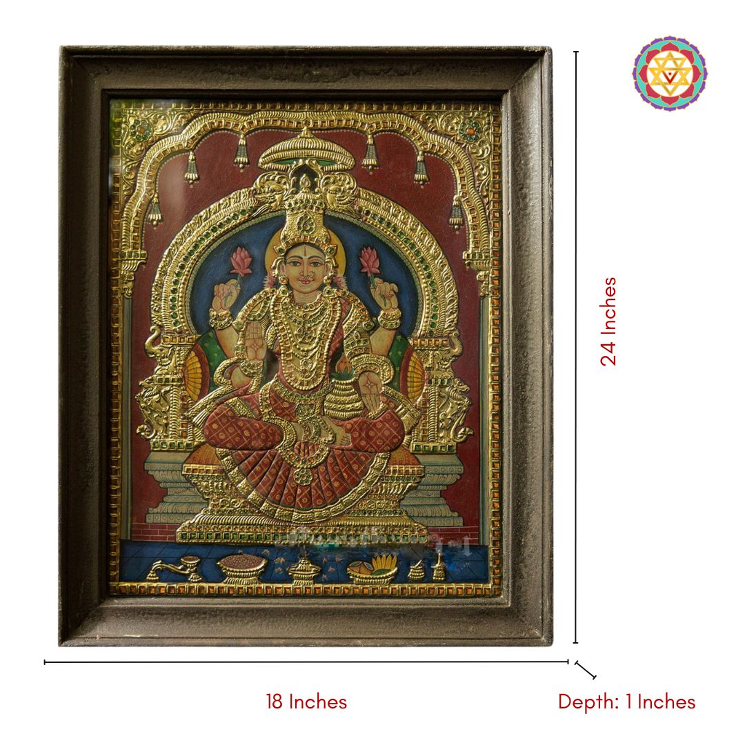 Goddess Laxmi tanjore painting art mounted in carved wooden frame