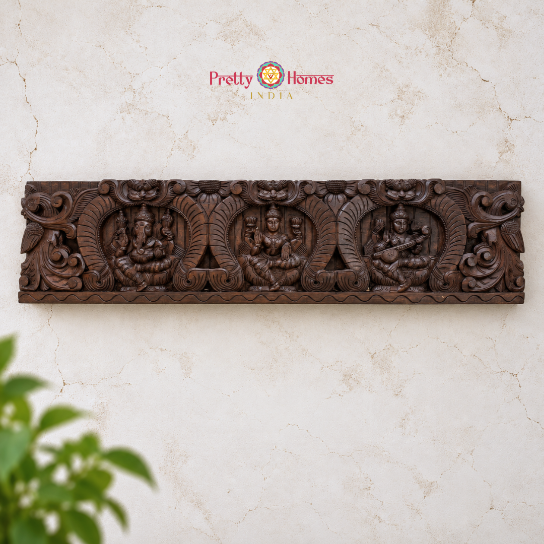 Ganesha, Lakshmi & Saraswati Handcrafted Wooden Panel with Birds