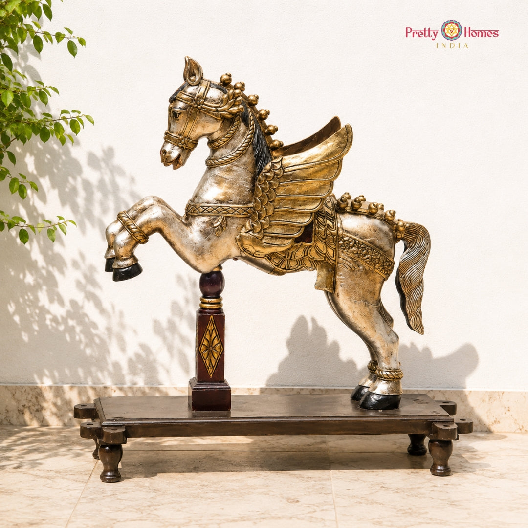 Majestic silver & Golden-Winged Galloping Horse on Stand