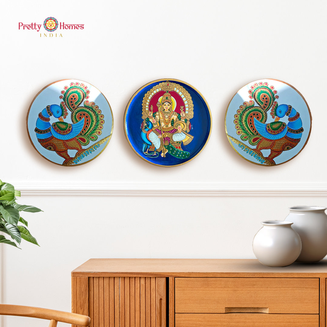 Lord Murugan and peacock hand-painted wooden wall plate for devotional decor