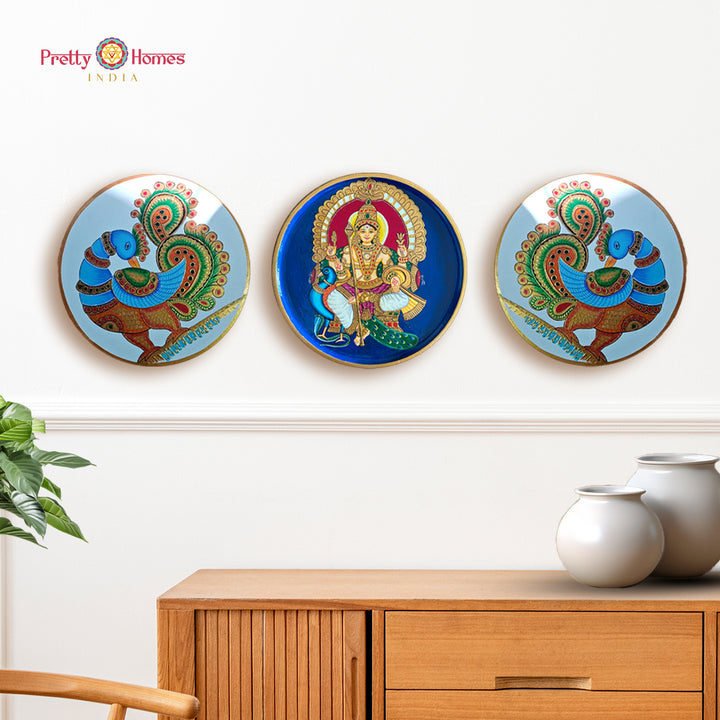 Set of 3 hand painted Lord Murugan with peacocks wall plates