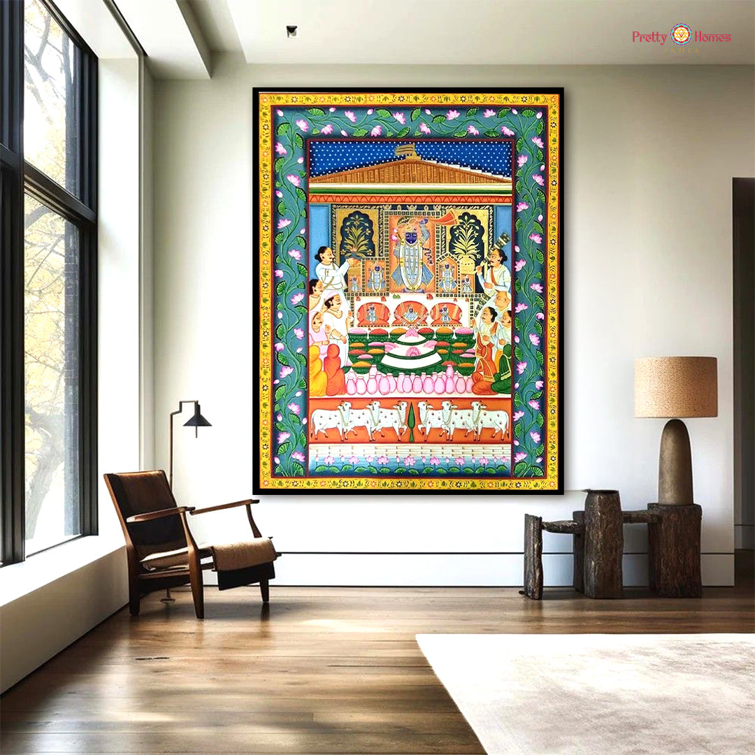 Pichwai mural depicting Krishna’s festive moments with gopis and cowherds in bright hues