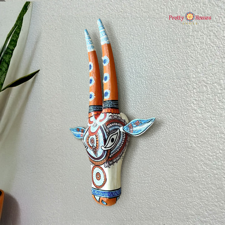 wood carved ,hand painted decorative wall mountable cow heads /nandi head Orange and blue