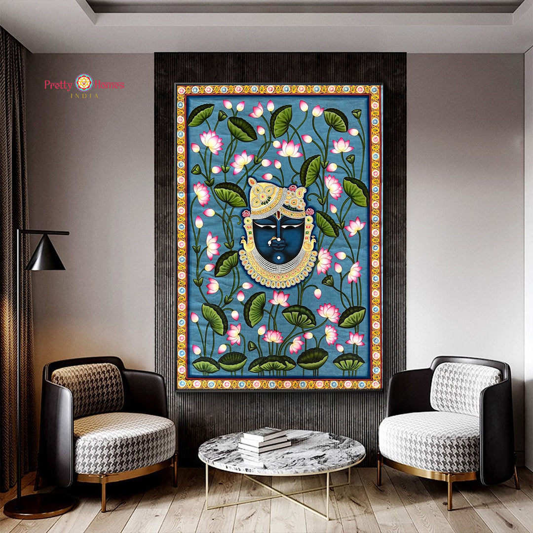 Classic Pichwai artistic representation of Kamdhenu cow with calf symbolizing auspiciousness and nurturing