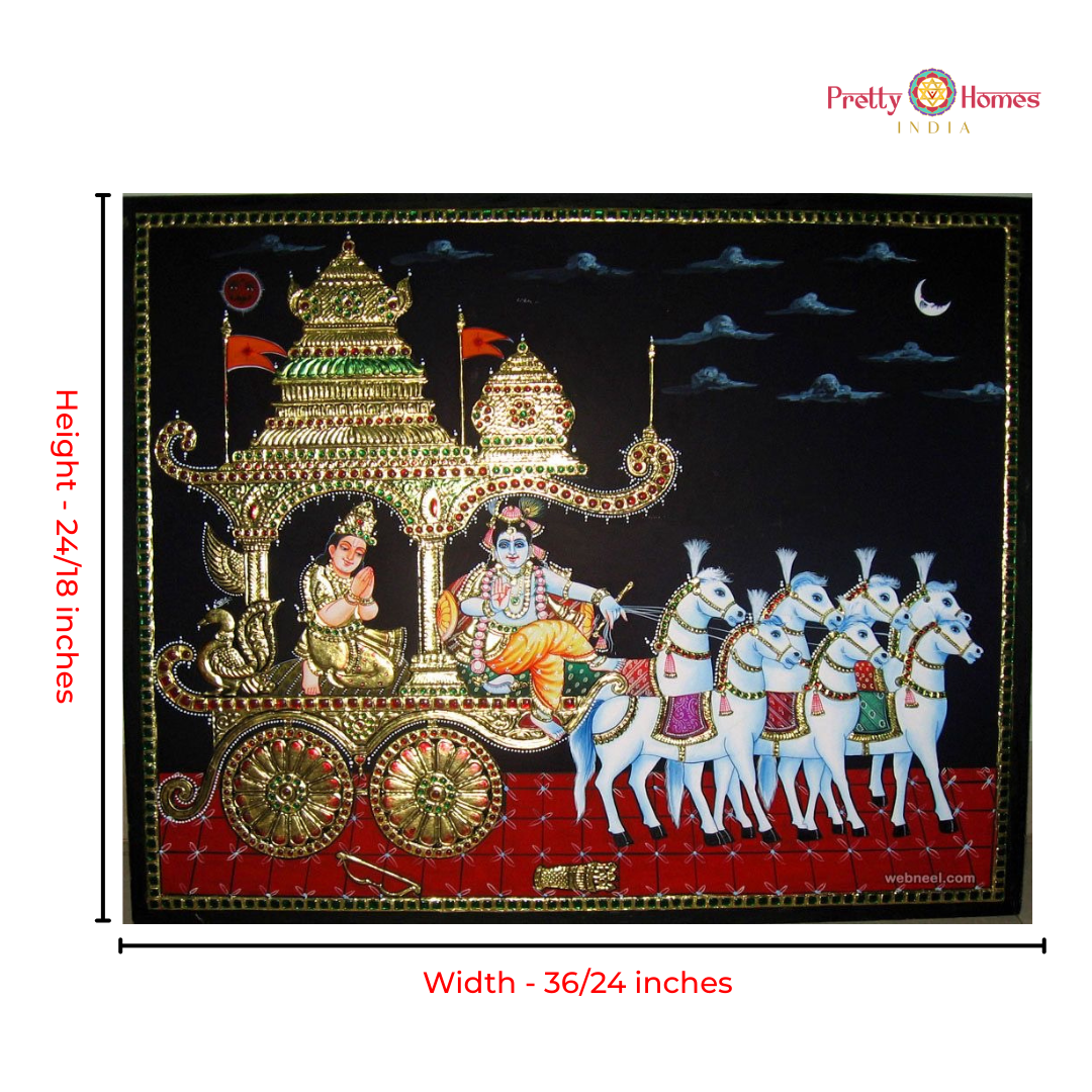 Divine Lord Krishna with Arjuna on the Chariot Tanjore in Real Gold
