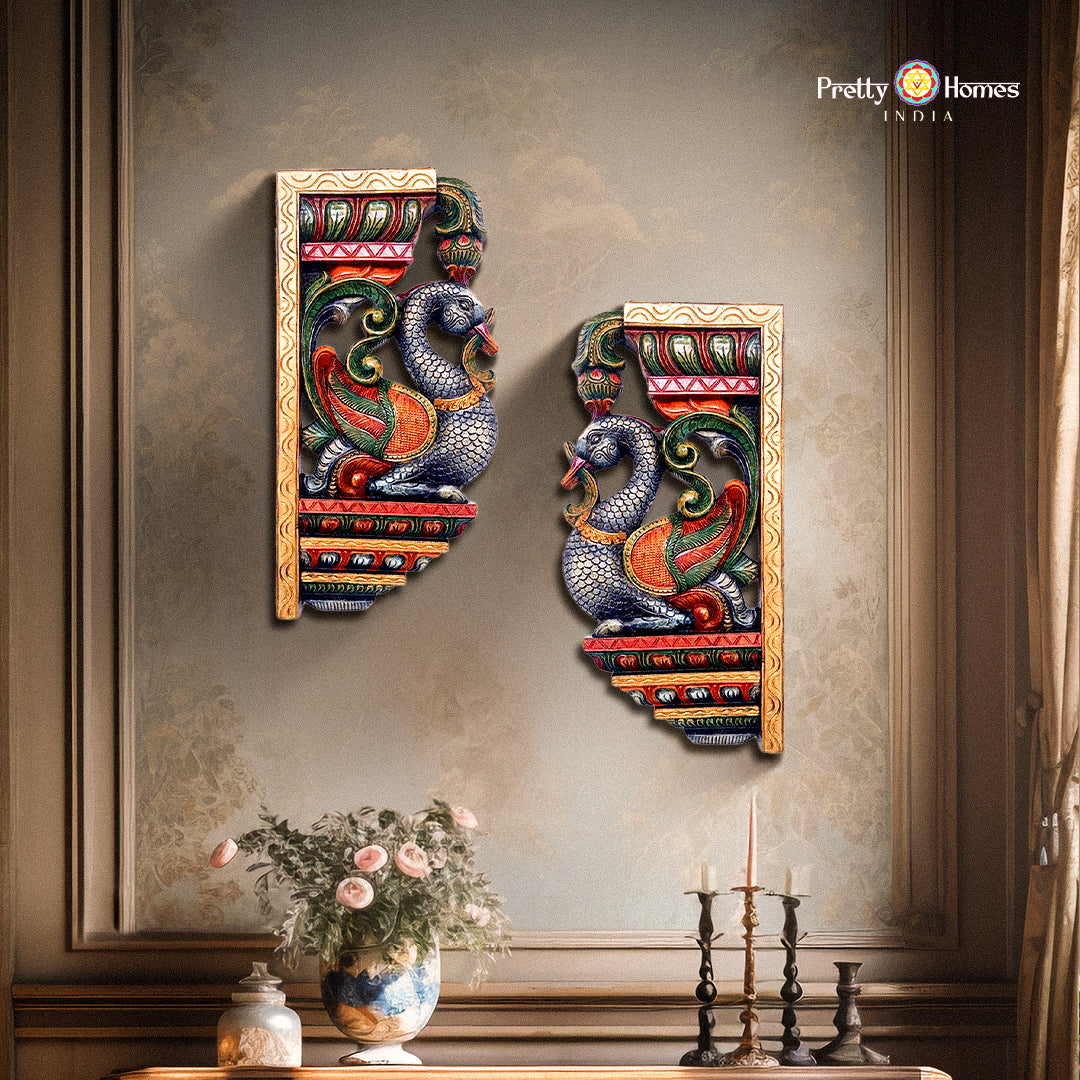 Pair of decorative wooden wall panels with Annapakshi and leaf carvings