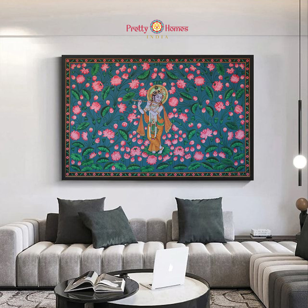 flute krishna pichwai painting on lotus pond