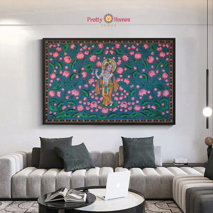 flute krishna pichwai painting on lotus pond