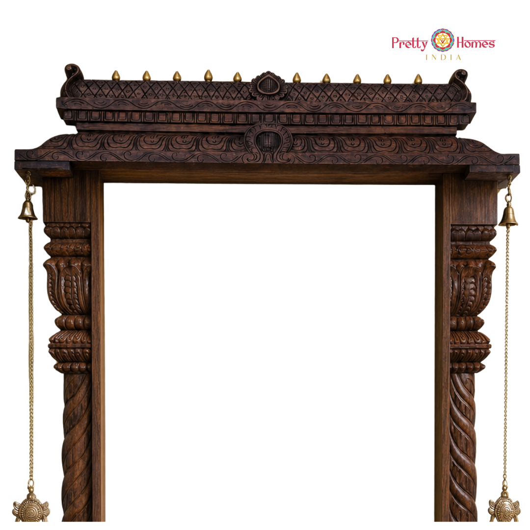 Wood-Carved Chettinad Gopuram with Lotus Half Pillars