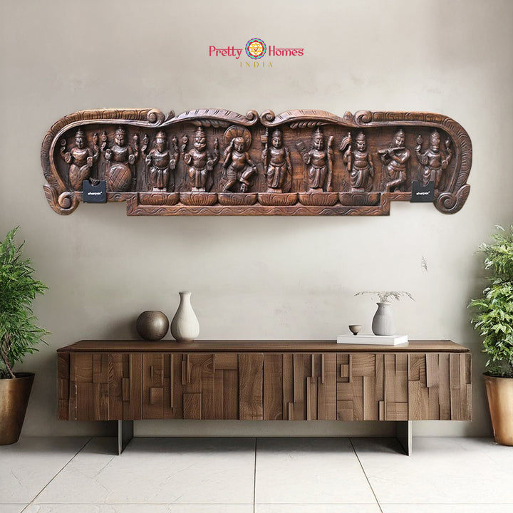 horizontal handcarved dasavtar panel full view displaying all ten avatars with rich carved detailing