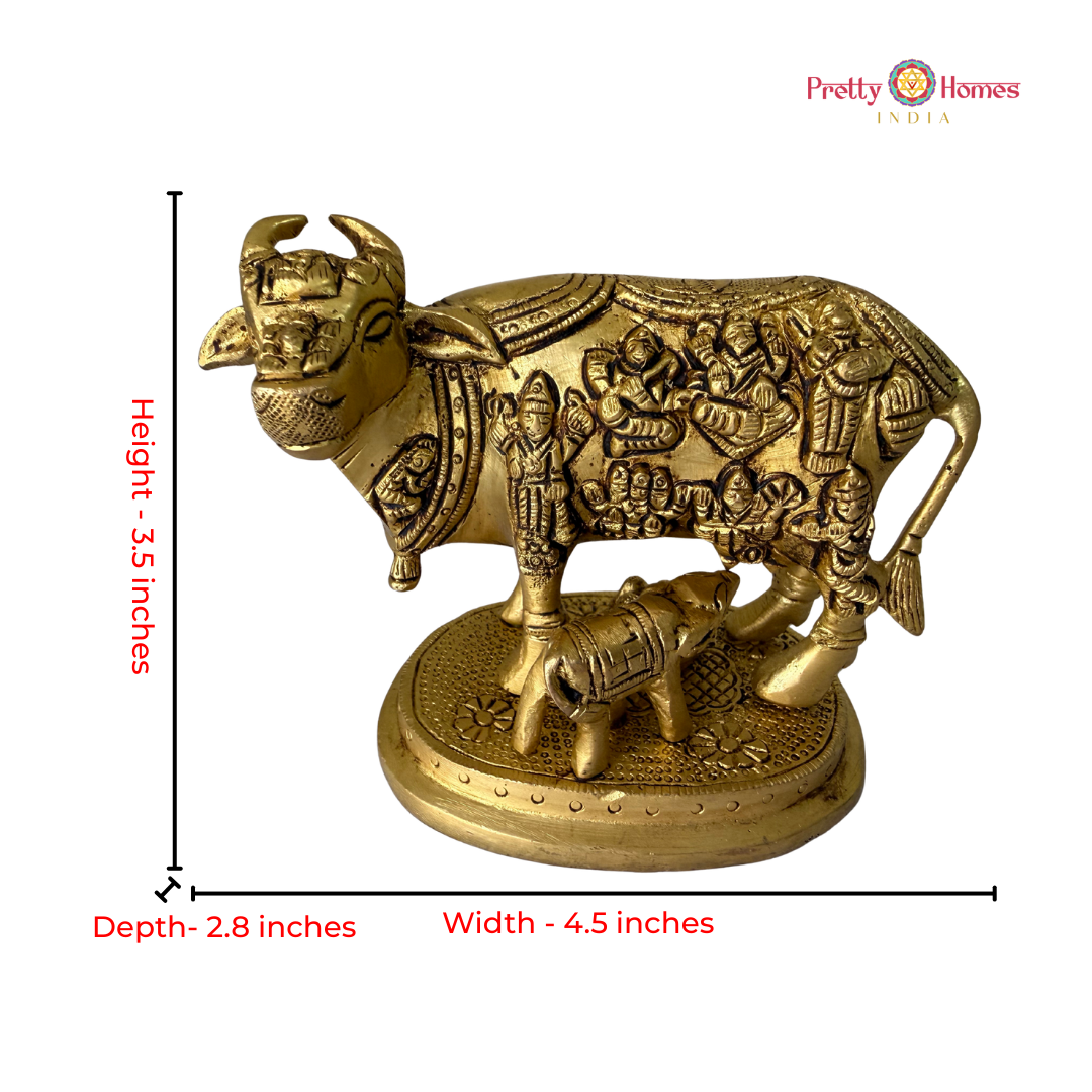 Brass Kamadhenu Cow with Calf & Deities