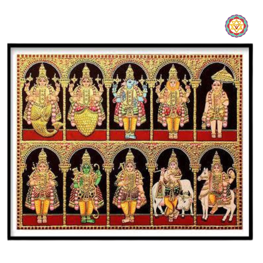 “Close-up view of Vishnu’s Dashavatar in traditional Tanjore painting style with gold detailing”