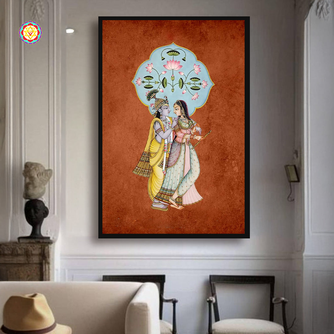 Radha Krishna handpainted pichwai with lotus bloom detailing