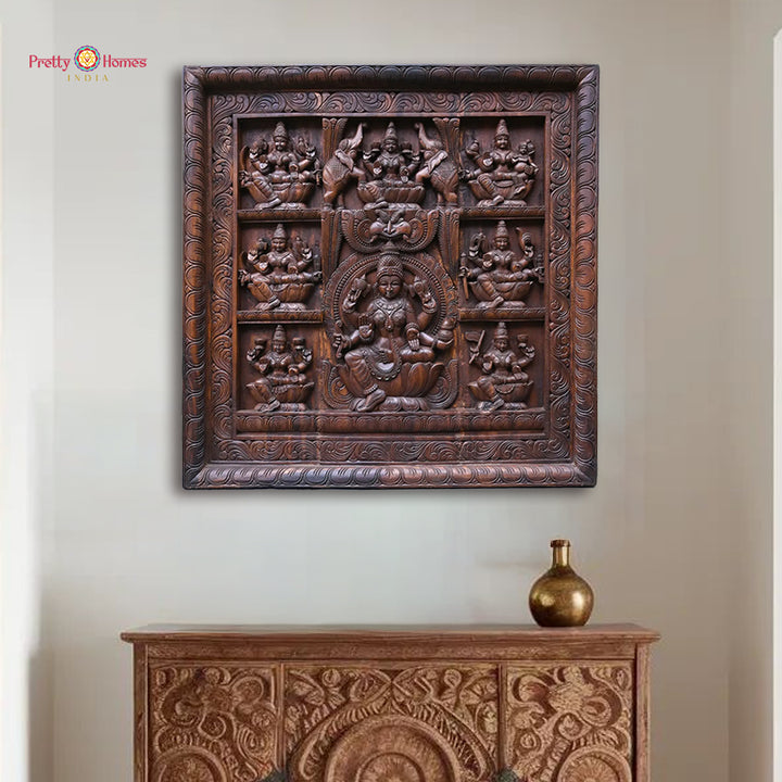 Ashta Lakshmi — Handcarved Wooden Panel (Square) for Sacred Interiors