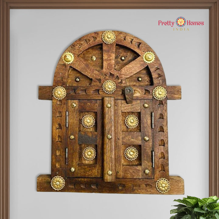 Handcarved wooden and brass decorative wall window panel