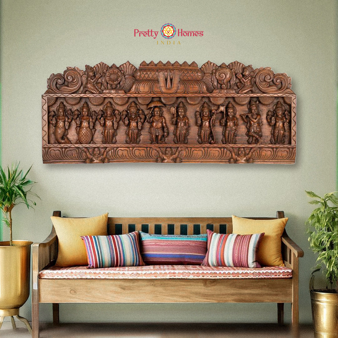 Gopuram-style woodcarved Dasavtaram panel with Garuda and Hanuman full view