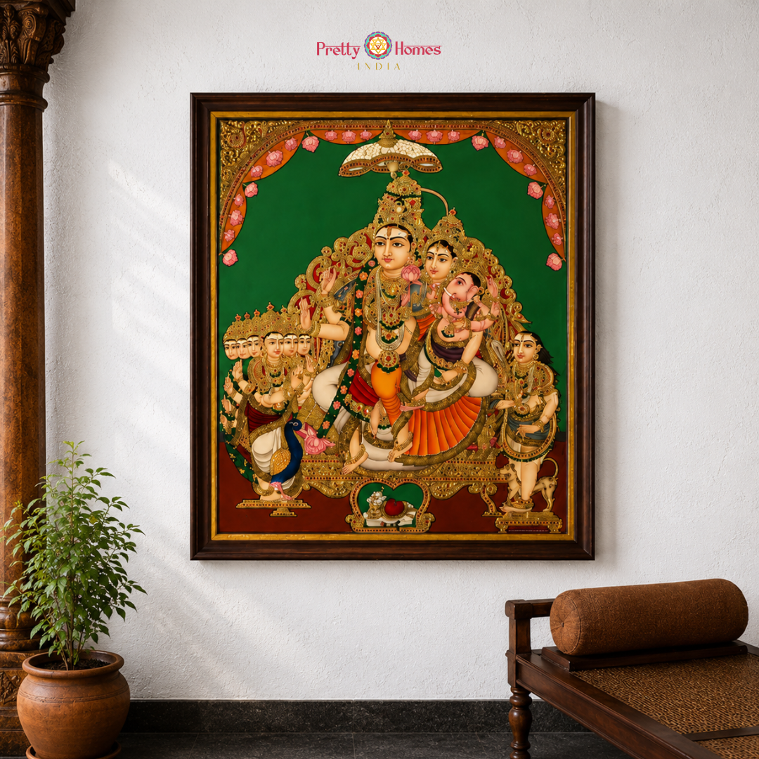 Vintage Chola-Style Shiva Kutumbh Tanjore in Real Gold