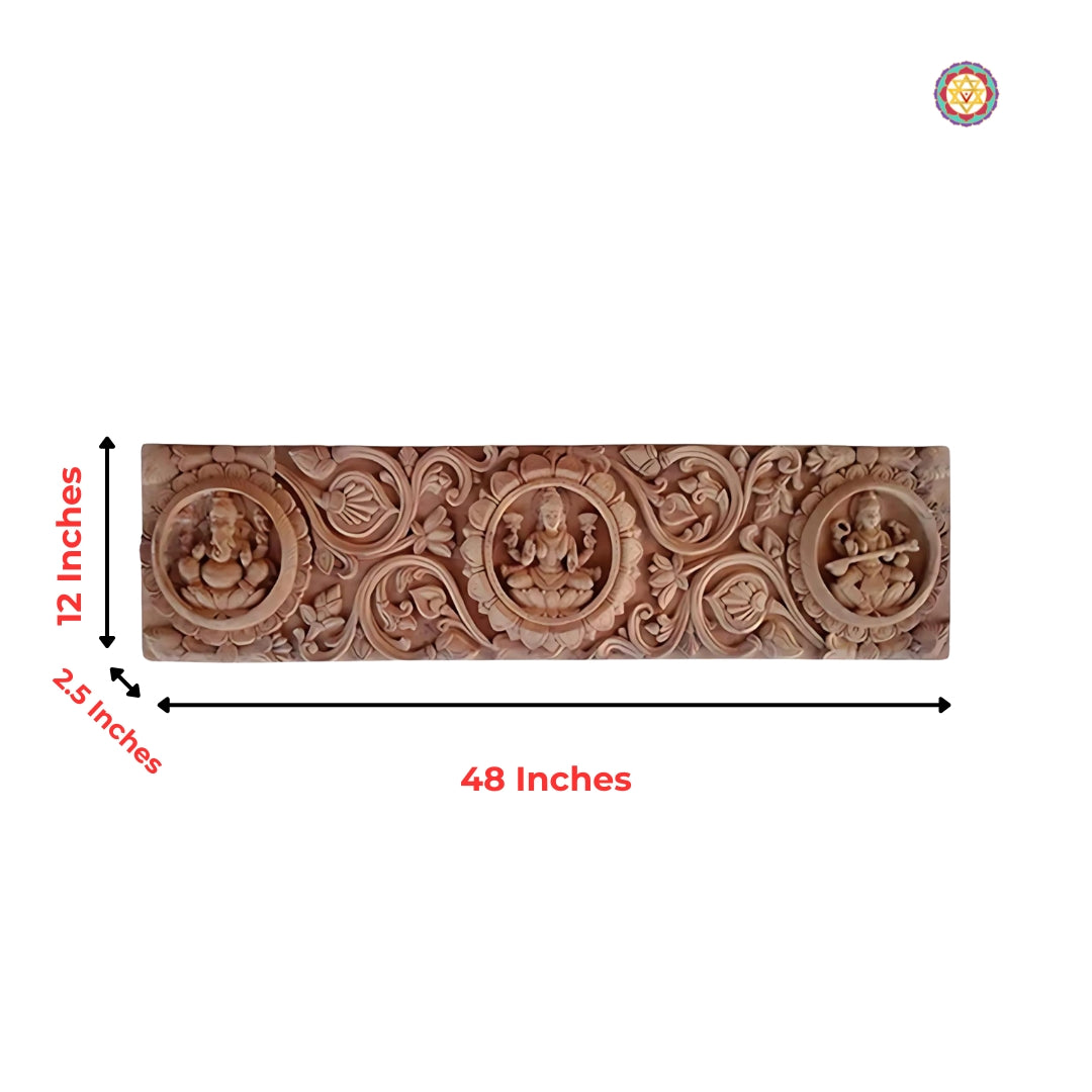 Antique-style relief carving featuring Hindu gods – traditional handcrafted wood wall art.