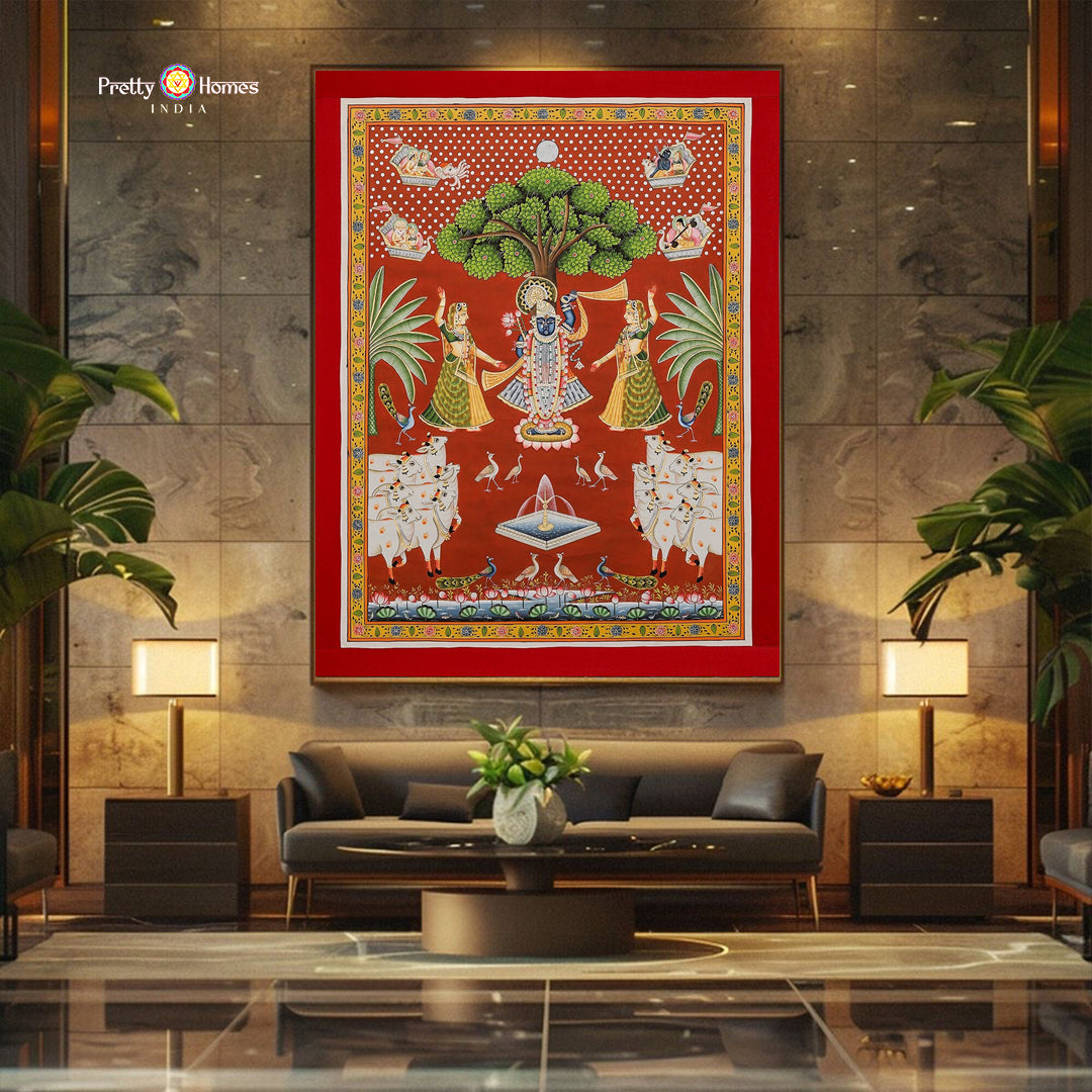 Hand-painted Pichwai of Shrinathji with cows and Gopikas — traditional Indian devotional art on cloth using natural pigments