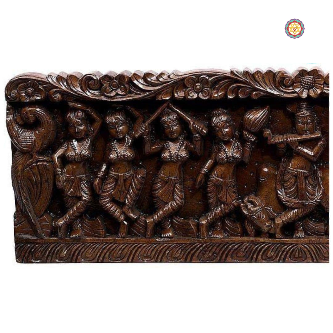 Handcarved Krishna wood art — Indian divine wall-mounted panel.