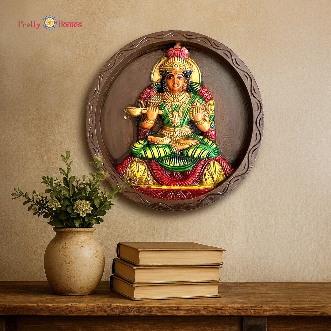 annapurna devi round wood carving with floral border, hand-carved relief and warm polish finish