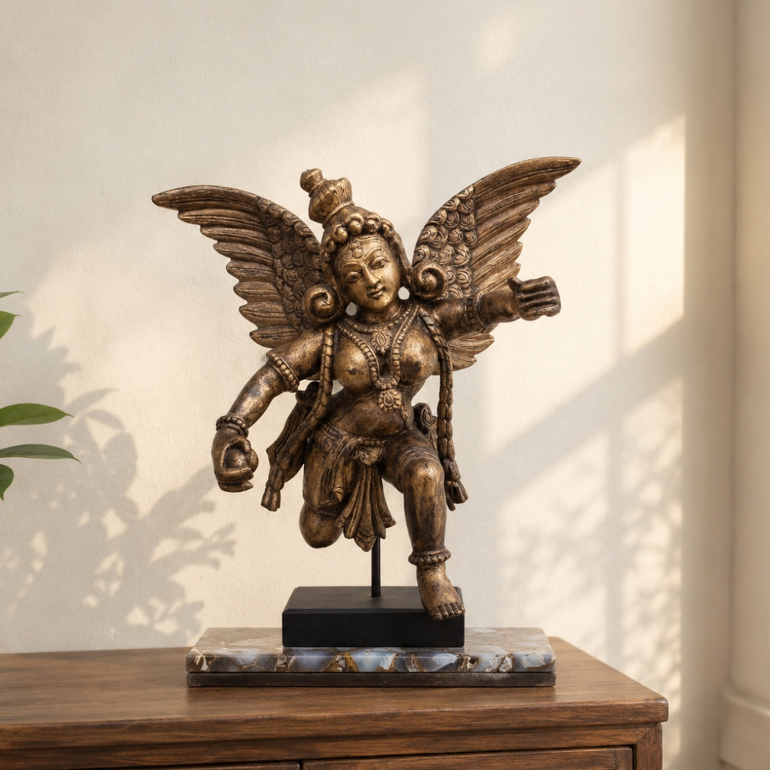 Woodcarved Gandharva / Indian Angel Tabletop Sculpture