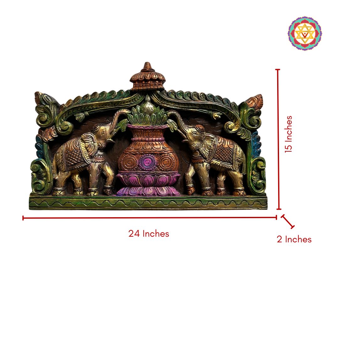 Multicolour woodcarved Mangal Kalash /Kalasham with elephants wall panel /frame
