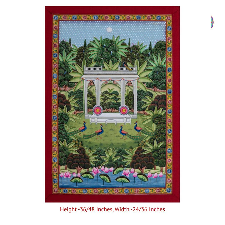 Handpainted Shrinathji Pichwai – Jharokha with Peacocks & Lotus Pond