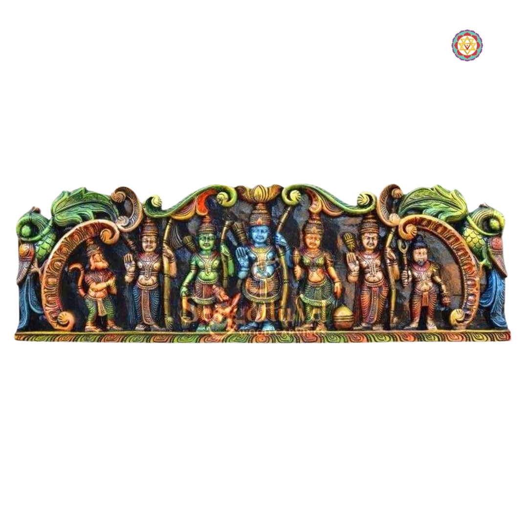 Hanuman and Rama wall panel — traditional wooden carved Ramayana art.