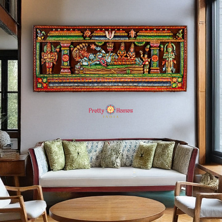 Vishnu with Hanuman & Garuda — 60-inch Teak Gopuram-Style Panel for Heritage Interiors