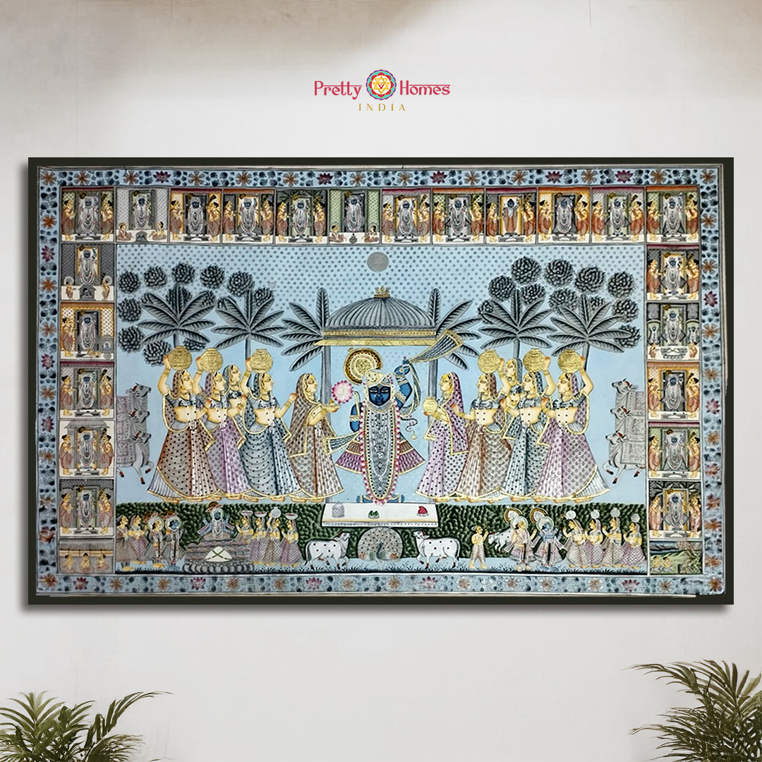 handpainted horizontal pichwai vintage style shrinathji darshan with golikas full composition showing Shrinathji and gopikas in devotional scene
