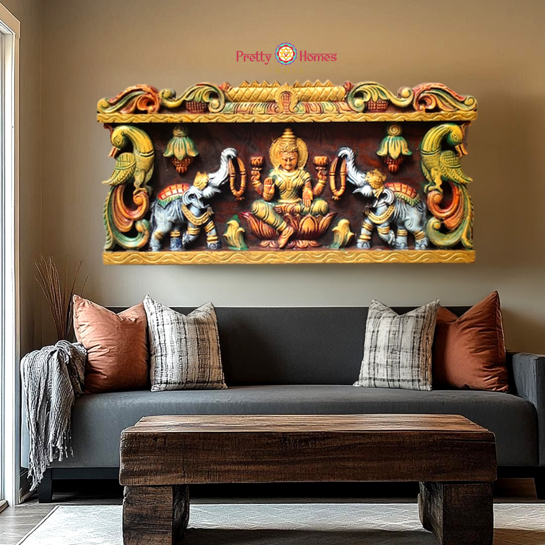 intricately handcarved gajalakshmi with gopuram horizontal panel full front view