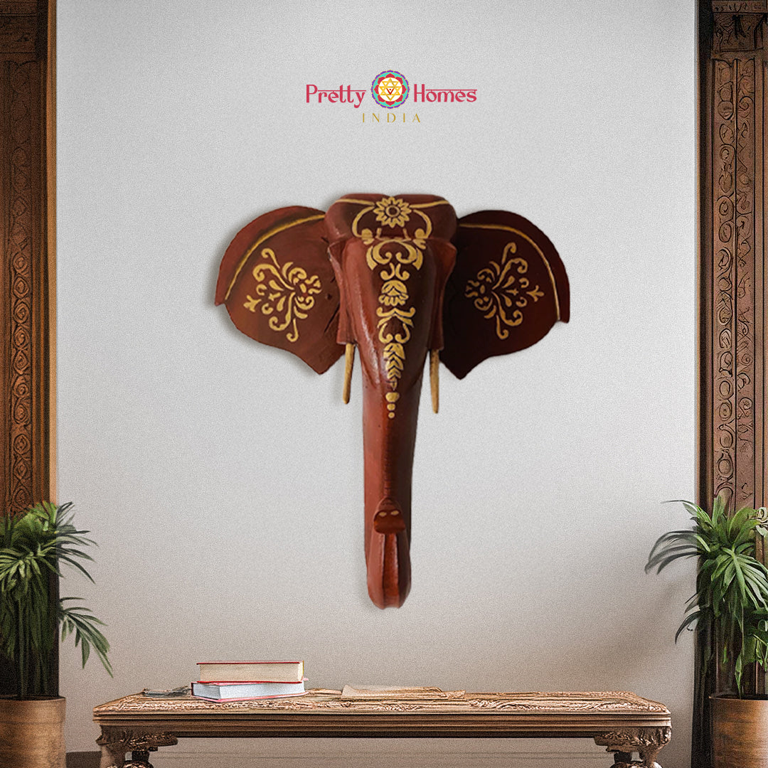 Hand-painted wooden elephant head wall hanging in antique multicolour finish