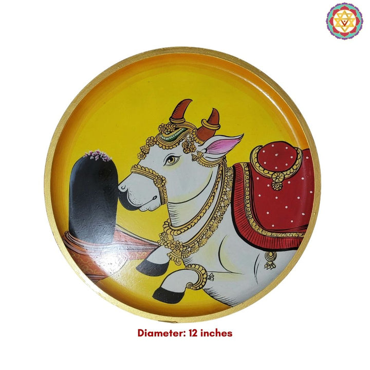 Handpainted Pichwai Wall Plate – Nandi with Shivling