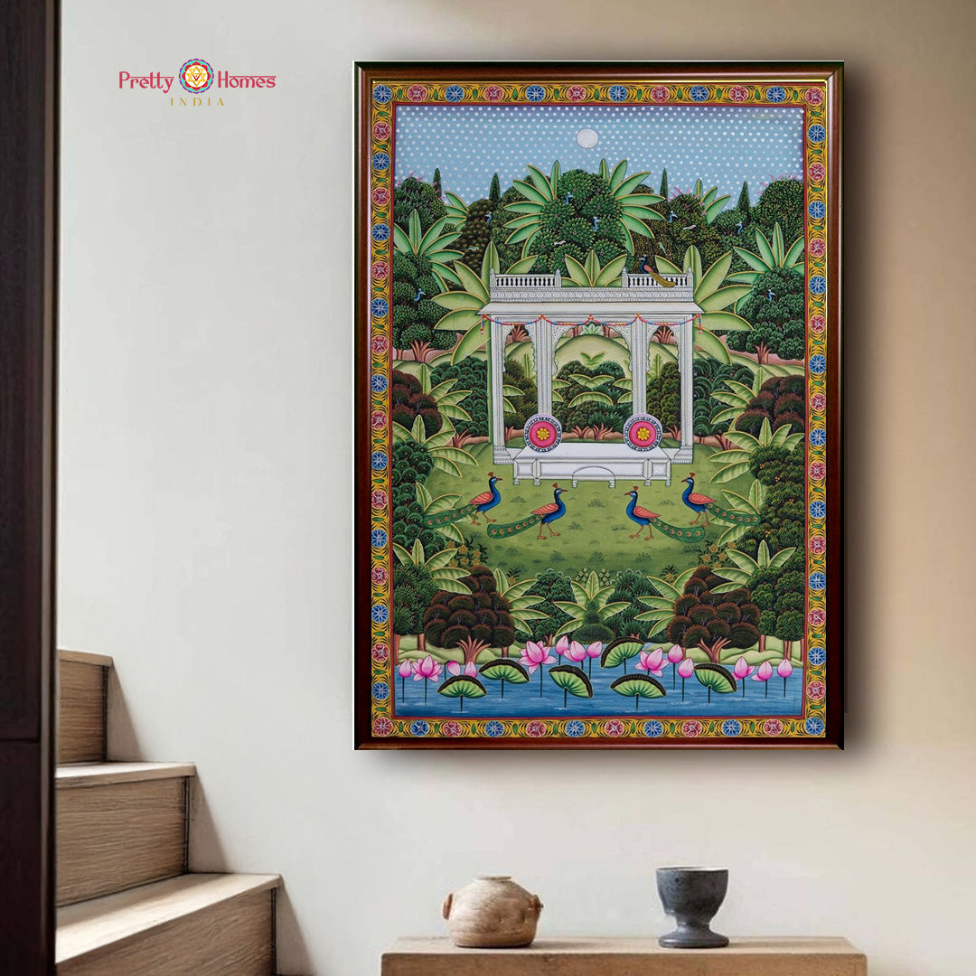 shrinathji jharokha pichwai with peacocks and lotus pond full composition
