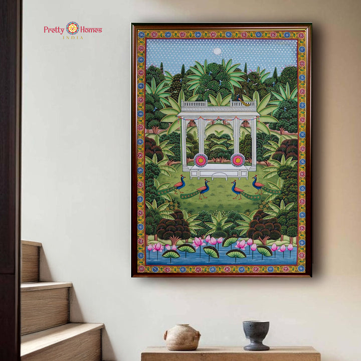 Handpainted Shrinathji Pichwai – Jharokha with Peacocks & Lotus Pond