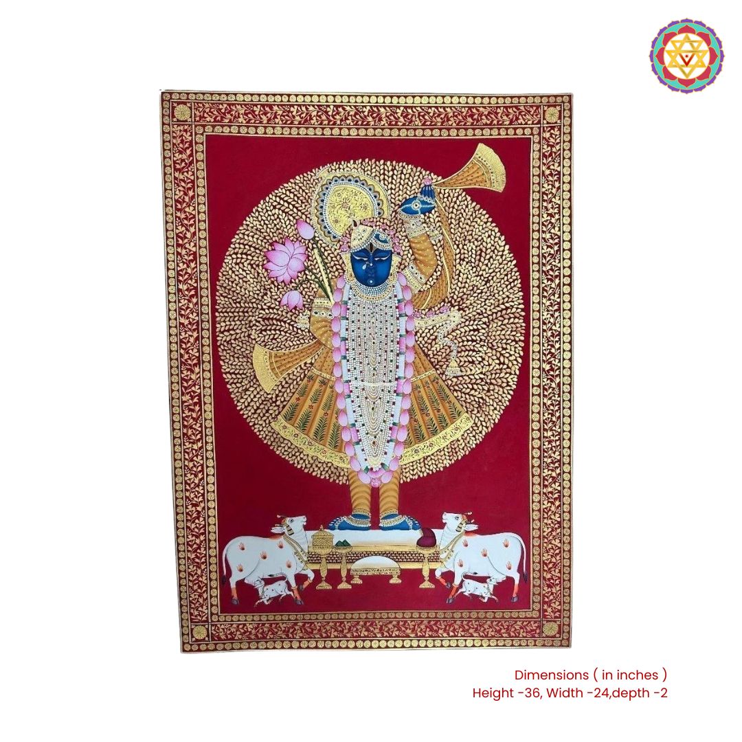 Handpainted pichwai Shrinathji Under Tree of Life – Red & Gold Pichwai