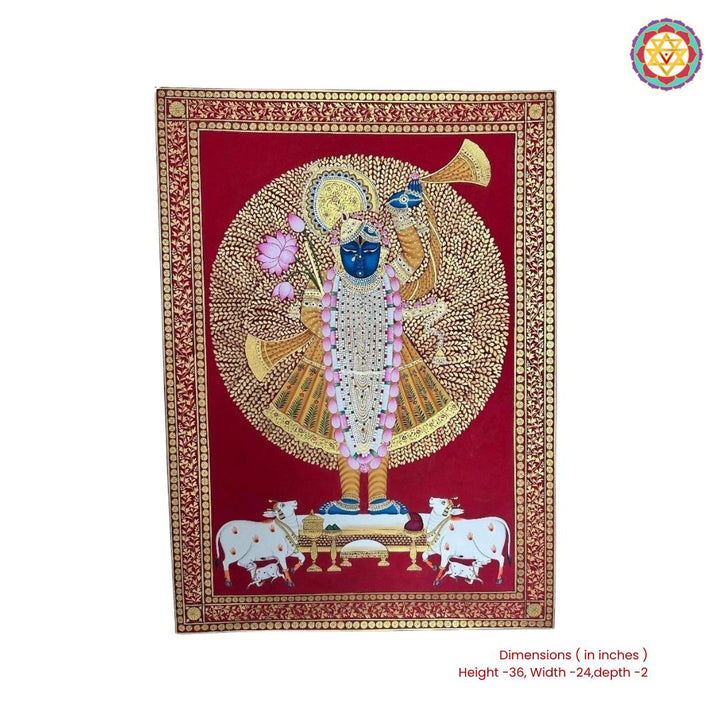 Handpainted pichwai Shrinathji Under Tree of Life – Red & Gold Pichwai