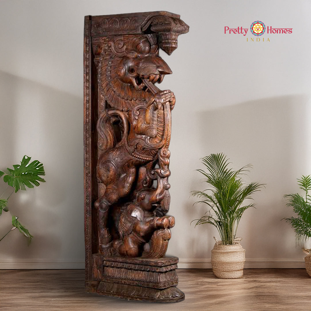 Wood Carved Yali & Elephant Wall Brackets (Corbels) – Temple Inspired Heritage Decor for Devotional & Architectural Spaces