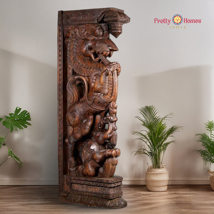 Wood Carved Yali & Elephant Wall Brackets (Corbels) – Temple Inspired Heritage Decor for Devotional & Architectural Spaces