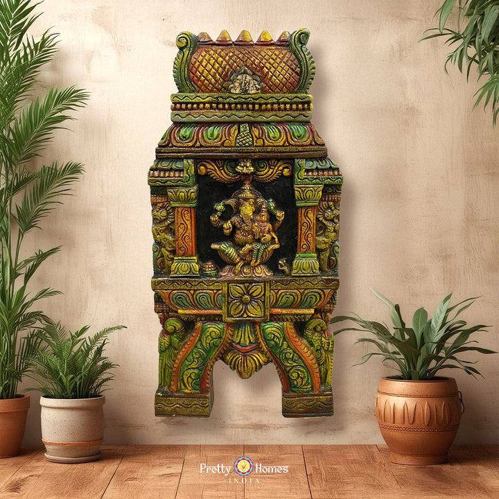 Woodcarved Ganesha and Laxmi Kavadi Panel.Temple Gopuram style wall hanging